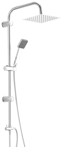 GREENSAPPIRE Duschsystem mit Regendusche 20x20cm Regendusche Duschsystem Handbrause Verstellbares Duschset mit Duschstange, Schlauch Duscharmatur, Quadratischer Duschkopf, Chrom (Quadratisch)