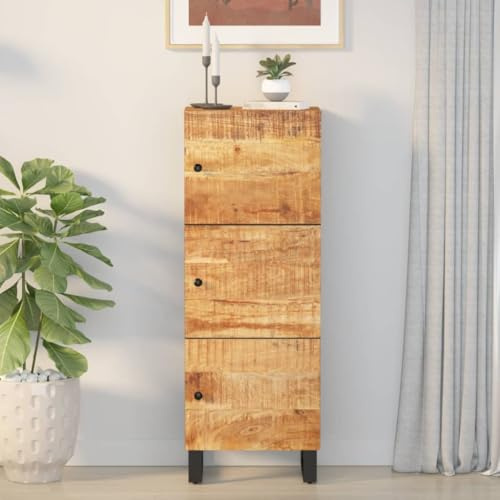 HETFTJN Highboard Massiv Mango Holz 40x33x110 cm Eisenbeine Industrial Stil mit 3 Türen Stauraum Kommode für Wohnzimmer Flur Schlafzimmer Modernes Design
