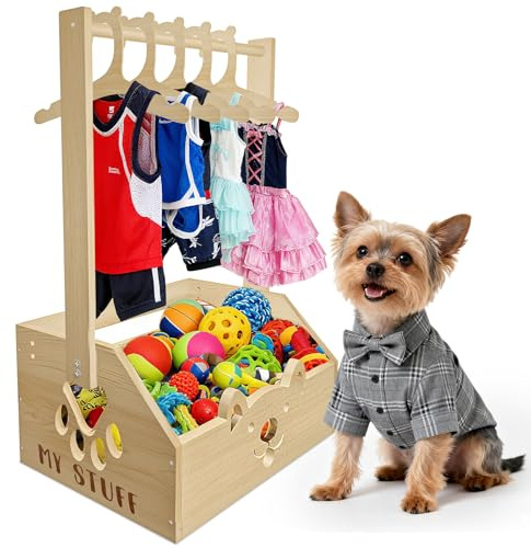 IDUNSEED Wooden Dog Wardrobe, 2-in-1 Pet Clothes Hanger&Storage Basket Supplies Organiser with 5PCS wooden hanger Rack for Dress Clothes, Dog design