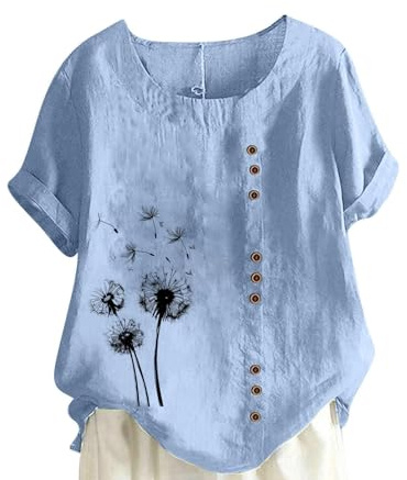 Chemisier Lin pour Femme Chemisiers Coton Et Lin Col Round Bouton Manches Courtes T Shirt Imprimé Fleuri Mode Lâche Respirant Chemise Tops D'Été Décontracté Ample Blouses Élégant Chic