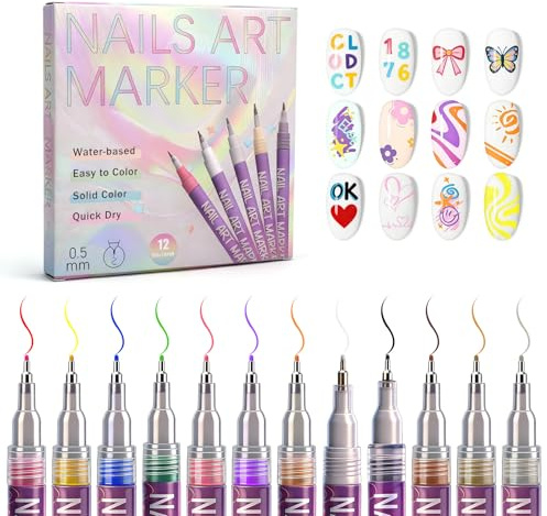 NGOKPYD 12 Colors Nail Art Pens Set, DIY Quick Dry Graffiti Dotting Point Liner Pens, 0.5MM Nail Polish Pens, Nail Art Painted Pen Kit