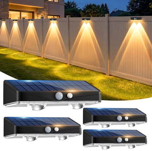 Kolpop Solar Fence Lights Outdoor Garden, 4 Pack Solar Motion Sensor Lights, 3 Modes Fence Lights Solar Powered, Waterproof Wall Lights for Patio, Yard, Gate, Step, Pool, Garage, Deck Decoration