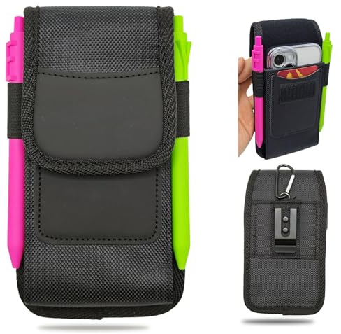 Cell Phone Pouch with Belt Clip, Nylon Holster Bag with Pen Holders, Card Slot, Carabiner, Vertical and Horizontal Belt Loop