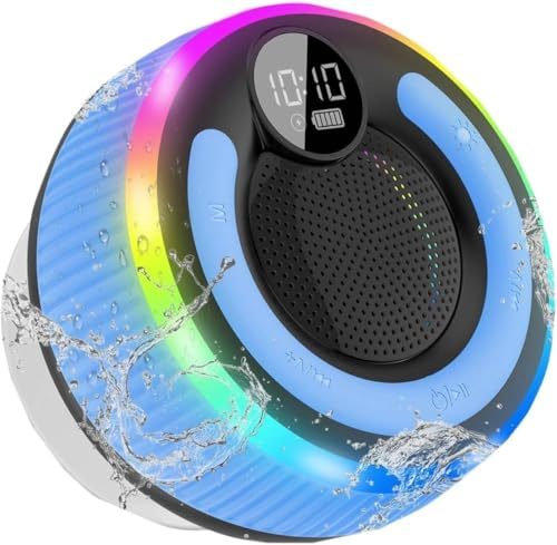 AOSRAU Bluetooth Shower Speaker, 2025 Portable Bluetooth Speaker 5.3 with Time Display, IPX7 Waterproof with Suction Cup, RGB Lights, Stereo Bass, Wireless for Bathroom/Party/Travel/Outdoor, Blue