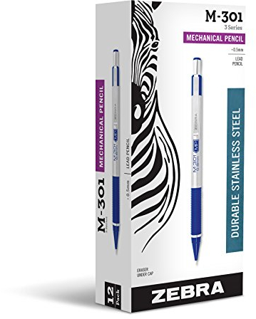 Zebra M-301 Druckbleistift, Edelstahl, 0,5 mm Spitze, Standard-HB-Mine, blauer Griff, 12 Stück
