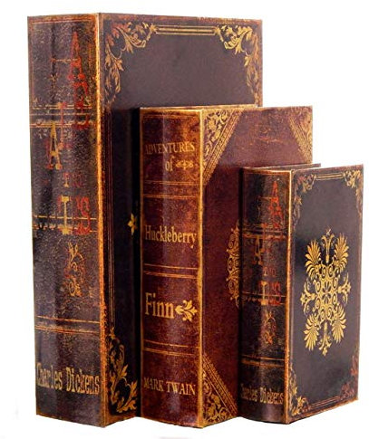 Bellaa 28038 Decorative Book Box Vintage Floral Set of 3 Hidden Secret Storage Jewelry Keepsake Gift Antiques Shiny Gold