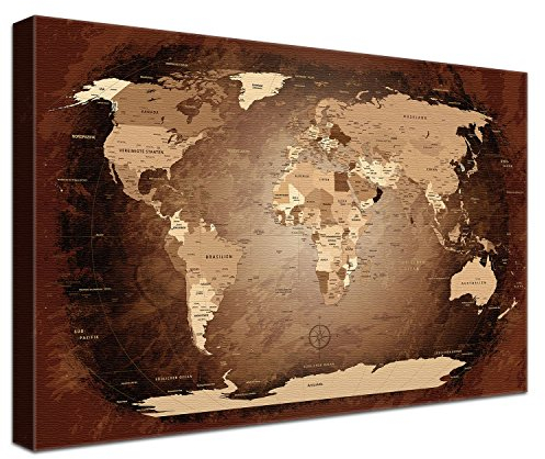 LanaKK – Weltkarte Luxus Ausführung – „Worldmao Antik” - deutsch - Kunstdruck-Pinnwand auf 4cm Echtholz-Keilrahmen – Globus in braun, einteilig & fertig gerahmt in 100x70cm
