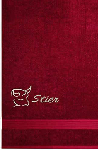 Lashuma Besticktes Handtuch Linz mit Tierkreiszeichen Stier, Handtuch Größe 70x140 cm, Badetuch Rubin Rot