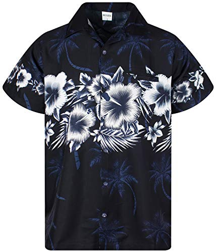 King Kameha Funky Chemise-Hawaienne, Manche-Courte, Flower-Chest, Noir, XXL