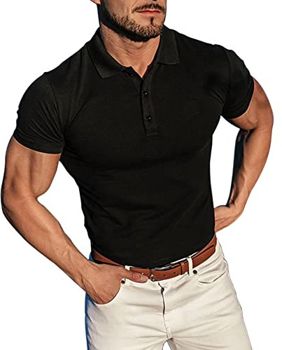 palglg Uomo Manica Corta Casual Magliette Camicie Tee con Polo Elastico Cotone Nero XL