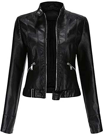 YFFUSHI Damen Kurze Lederjacke Blouson aus Kunstleder Bomberjacke Casual Mit Reißverschluss Coat,Schwarz,S