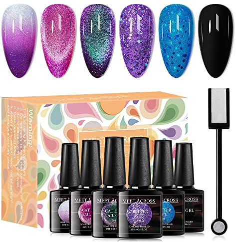 MEET ACROSS Cat Eye Gel Nagellack Set 6 Farben Kollektion Farbe wechselnde Lack Kit Soak Off Nail Lampe Glitter Gel Phantom Chamäleon Nail Kit Geschenkbox Flasche