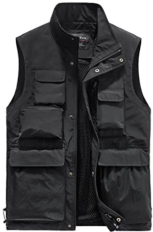Oralidera Men's Safari Hiking Vest Outdoor Fishing Dog Training Vest Casual Multi-pocket Waistcoat Photography Sleeveless Jacket Gilet, Black, XL