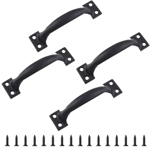 Bivethoi 4pcs 4 Inch Vintage Barn Door Pulls Utility Cabinet Handles, Screw in Drawer Pulls Black Gate Handles, Metal Garage Door Handles Outdoor Kitchen Hardware for Wooden Fence Cupboard Dresser