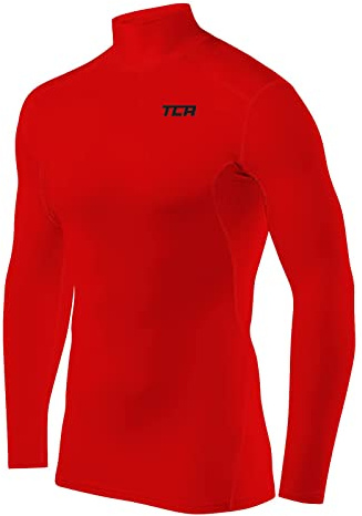TCA Men's HyperFusion Compression Base Layer Top Long Sleeve Under Shirt - Mock Neck - High Risk Red Mock, L