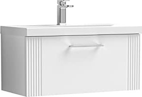 nuie DPF196A Deco Modern Bathroom Wall Hung 1 Drawer Part Fluted Vanity Basin Unit with Mid-Edge Ceramic Basin, 800mm, Satin White