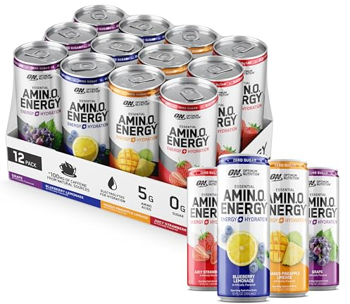 Optimum Nutrition Amino Energy Sparkling Hydration Drink, Electrolytes, Caffeine, Amino Acids, BCAAs, Sugar Free, 12 Fl Oz, Variety Pack of 12 (Packaging May Vary)