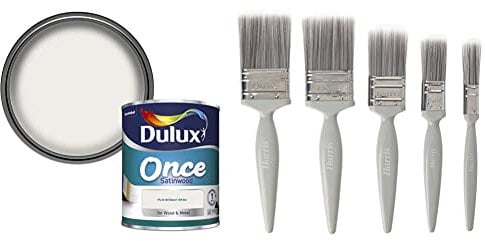 Dulux Once Satinwood Paint For Wood And Metal - Pure Brilliant White 750 ml and Harris Essentials Walls & Ceilings Paint Brush Set | Pack of 5 | 0.5, 1, 1.5, 2