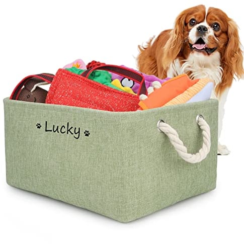 Dog Toy Box Basket Storage with Personalized Pet's Name, Foldable puppy toy Bin with Cotton Handle, for Organizing Dog Toys,Dog Clothing & Accessories,Multiple Custom Patterns Optional(Light Green)