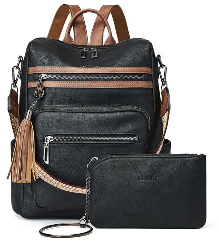 Shrrie Rucksack Damen,Cityrucksack Reiserucksack,PU Lederrucksack Handtasche Rucksack Damen Wasserdicht mit Geldbörse für Freizeit,Büro,Pendeln,Arbeit,Daypack-Schwarz mit Braun