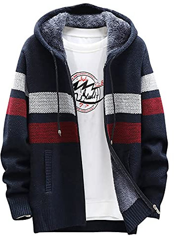 Parka Homme Hiver Pas Cher Casual Veste Polaire Chaude et Epaisse Travail Cardigan Long Capuche Rayee Hiver Veste Chasse Homme Veste Chauffant Marine XL