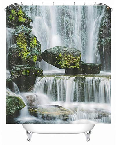 EHOMERY Duschvorhang Italien Motiv Duschrollo Ohne Kasette Wasserfall-Steine Polyester Weiß Rostfreie Ösen Und 12 Hakenringe, 90X180Cm