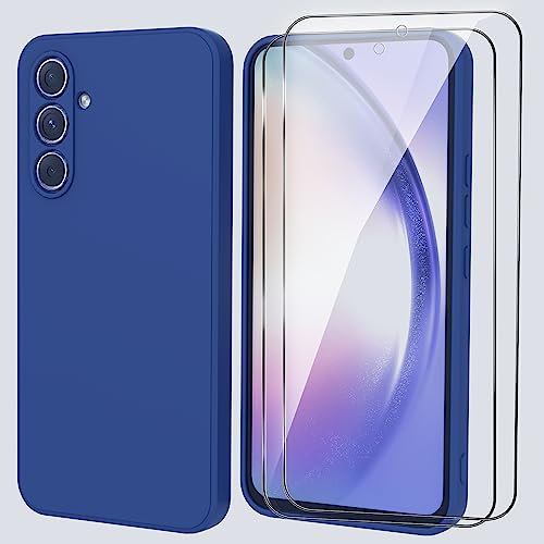 MIKULLE Cover in Silicone per Samsung Galaxy A54 5G con 2 Pellicola Vetro Temperato, Custodia Morbido Silicone Ultra Sottile Liquida TPU Antiurto AntiGraffio Case - Blu