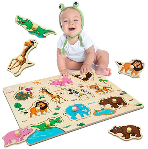 Govvay Wooden Peg Puzzles for 1 2 3 Year Olds, Wild Animals Pattern Educational Learning Kids Toys for Girls Boys Gifts, Birthday, Christmas, Easter and Children's Day