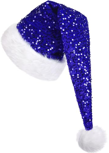 KONVINIT Lang Weihnachtsmütze Erwachsene Nikolausmütze Weihnachtsmann Mütze mit Glitzer Pailletten und Plüsch Rand Weihnachtself mütze für Festliche Weihnachtsfeier Tannenbaum,blau