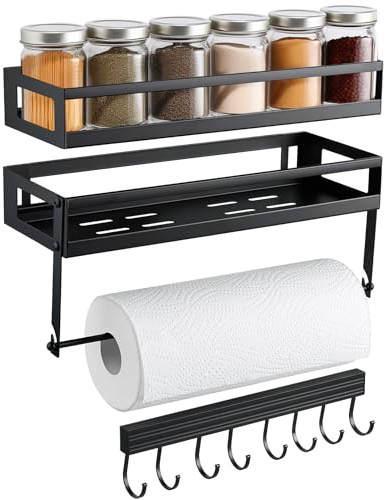Auciej Gewürzregal Wand Küchenregal ohne Bohren 2er Set Wandregal Küche mit Küchenrollenhalter Hakenleiste Gewürzregal hängend für Küche Badezimmer Balkon 35 x 13 x 5,5 cm, Schwarz