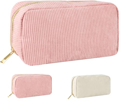 lahnao 2 Stück Kosmetiktasche, Cord Make up Taschem, Multifunktionale Schminktasche, Reise Kosmetiktasche, Reißverschlusstasche Für Frauen (Elfenbein und Rosa)