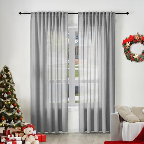 WOLTU Gardine, Schiebegardine mit Kräuselband, Vorhänge Leinenoptik, Leinenvorhang Halbtransparent Voile, Fenstergardine Modern, für Wohnzimmer Schlafzimmer, 135 x 245 cm, Grau