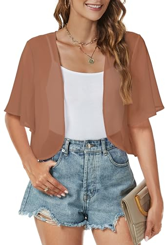Gosunny Damen Große Bolero Jäckchen Kurzarm Schulterjacke Frühling Shrug Einfarbig Strickjacke(Braun,XL)