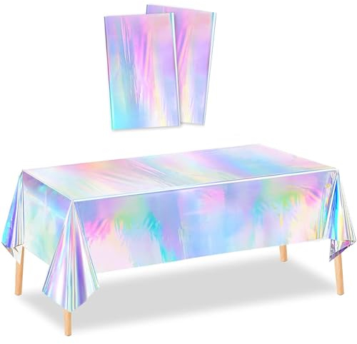 2 Stück Laserholografische Tischtuch Rechteckige Wasserdicht Tischdecke Regenbogen Plastik Tischdecken Tischdecke aus Silberfolie für Party Dekoration Grillparty Familientreffen (137x274cm)