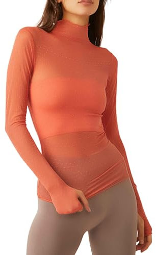 WangsCanis Women Long Sleeve Floral Lace Top Mock Neck Sheer Embroidery Slim Shirt Sexy See Through Layering Tops (Mesh Orange, M)