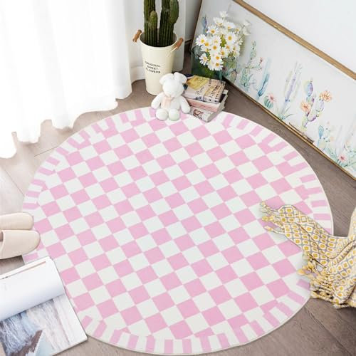 Lacomfy Tapis rond à carreaux pour chambre de fille, motif cercle, moderne, motif damier géométrique, tapis de sol doux antidérapant pour salon, maison, dortoir, rose