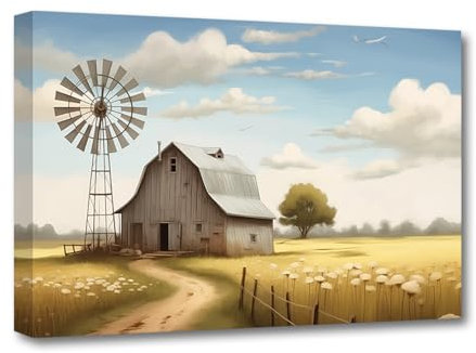 CXHOSTENT Bauernhaus-Leinwand-Kunst Scheune und Windmühle Bilder Alter Bauernhof Gemälde Druck Wohnzimmer Dekor Rahmen (Scheune - 1, 30.00 x 45.00 cms)