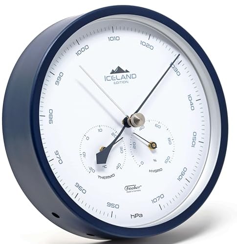Fischer 1602-15 Wetterstation - Barometer mit Thermometer und Hygrometer, Edelstahlgehäuse, Island-Edition Stahlblau