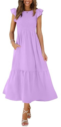 OFEEFAN Lässiges Maxikleid für Damen, mit Taschen, Rüschenärmel, gesmoktes Kleid, XS-2XL, 06 - Flieder, Groß