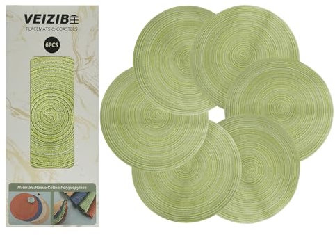 VEIZIBEE Tovagliette Lavabili Rotonde,Tovagliette intrecciati a mano,Antiscivolo,interni,Set di 6 Tovaglietta Colazione in tessuto intrecciato per cucina stile in europeo (Verde, 38cm)