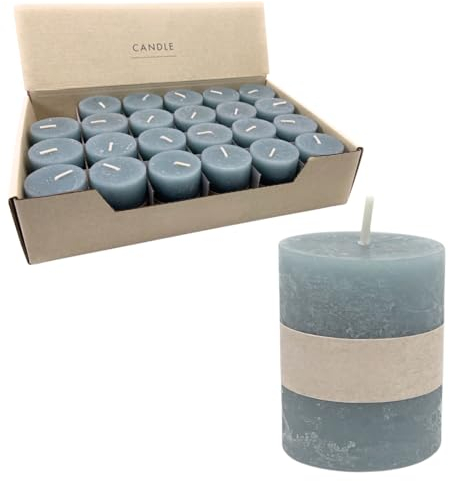 Rustikale Mini Kerzen ca. 4 x 5 cm Stumpenkerze im Antik Look für die perfekte Atmosphäre Zuhause (24 x Grau-Blau)