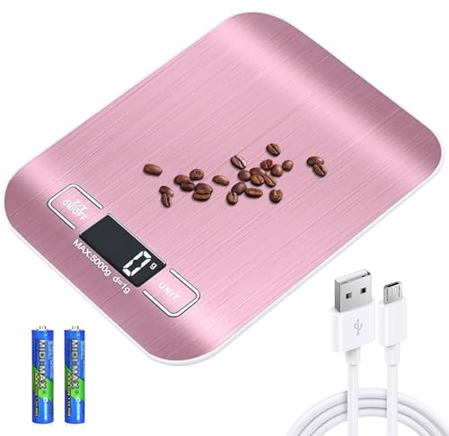 Digital Kitchen Scales, 10 kg/1 g, USB Rechargeable Digital Kitchen Scales with LCD Display & Tare Function, Professional Kitchen Scales with Battery Charging Cable, Rose Gold