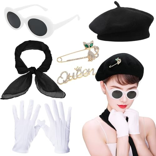 XEPST 6 STÜCK französisches Kostümset - 50er Jahre Kostüm für Frauen mit französischer Baskenmütze Sonnenbrille Schal Handschuhe Französischer Künstler Kit für Halloween Cosplay Karneval, Schwarz