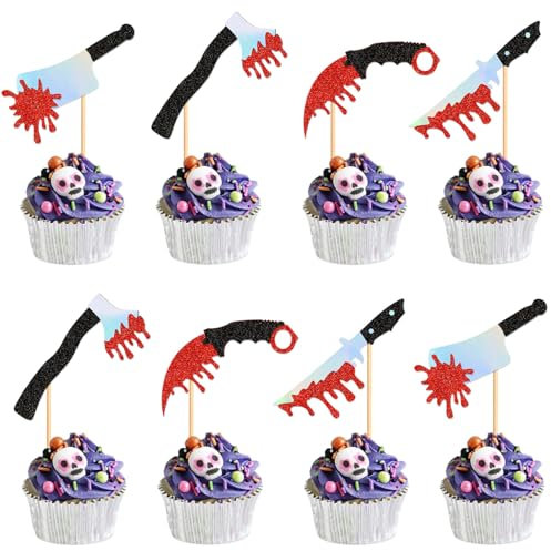 24PCS Halloween Blood Knife Cupcake Toppers Knife Cupcake Picks Baby Shower Halloween Boy Girl First Birthday Party Decorations Supplies