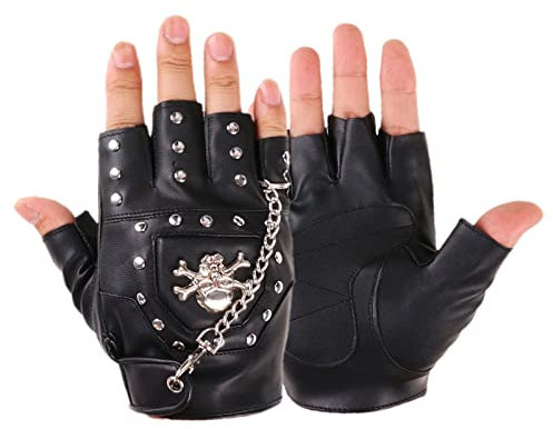 EINCORN Halbfinger Punk Nieten PU Leder Handschuhe Schwarz Biker Handschuhe mit Metallkette für Motorräder Fingerlose Tanzhandschuhe, Wie abgebildet, as the picture shows