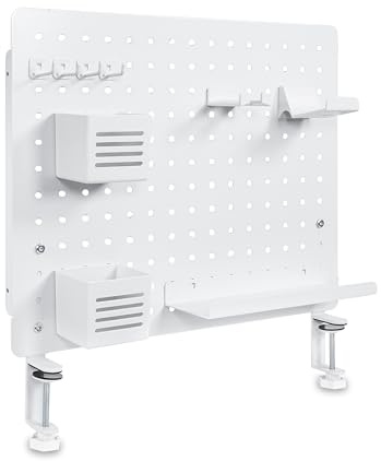 LVNSYSTEM Pegboard Lochplatten Weiß – Werkzeuglos Am Tisch Befestigen – Kompatibel Mit 13–80 mm Platten – Inklusive Haken & Ablagen – Ordnungssystem Büro Ohne Bohren Für Mehr Platz