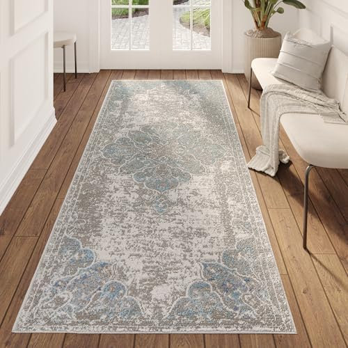 TAPISO Valley Teppichläufer Vintage, Kurzflor Grau Blau Blumen Used Effekt Meliert Verwischt, für Flur, Wohnzimmer, Schlafzimmer, Esszimmer – Eleganter TeppichLäufer – 120 x 300 cm