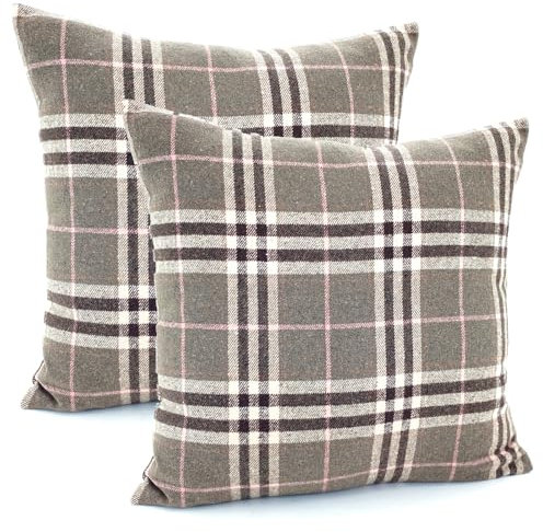 heimtexland ® 2er Set Dekokissen mit Woll-Charakter Tartan kariert Kissen Schotten-Karo Deko Kissenhülle 45x45 cm Doppelpack Typ899 Khaki-rosa