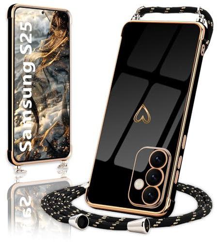 Micoden Handykette für Samsung Galaxy S25 Hülle, Necklace Handyhülle mit Band Kameraschutz Herz Love Design Galvanik Silikon TPU Case Kordel zum Umhängen Schutzhülle für Samsung S25, Schwarz