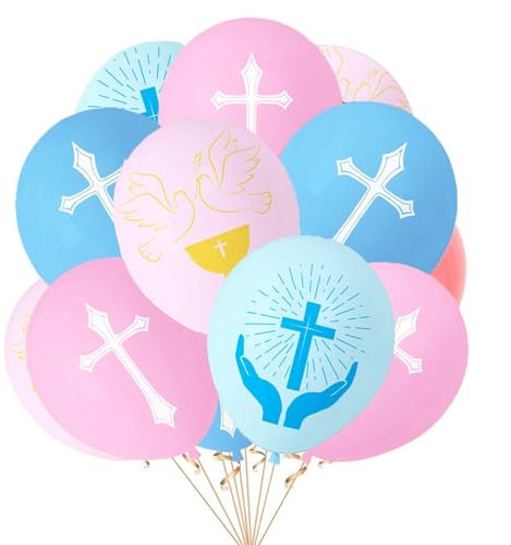 KOBOKO Taufe Deko Kommunion Luftballon, 12 Stk Deko Taufe Mädchen Junge Luftballons Rosa Blau, Taufdeko Taube Kreuz Helium Ballons, Taufe Deko Ballon für Babyparty, Kommunion, Babyshower Party Deko
